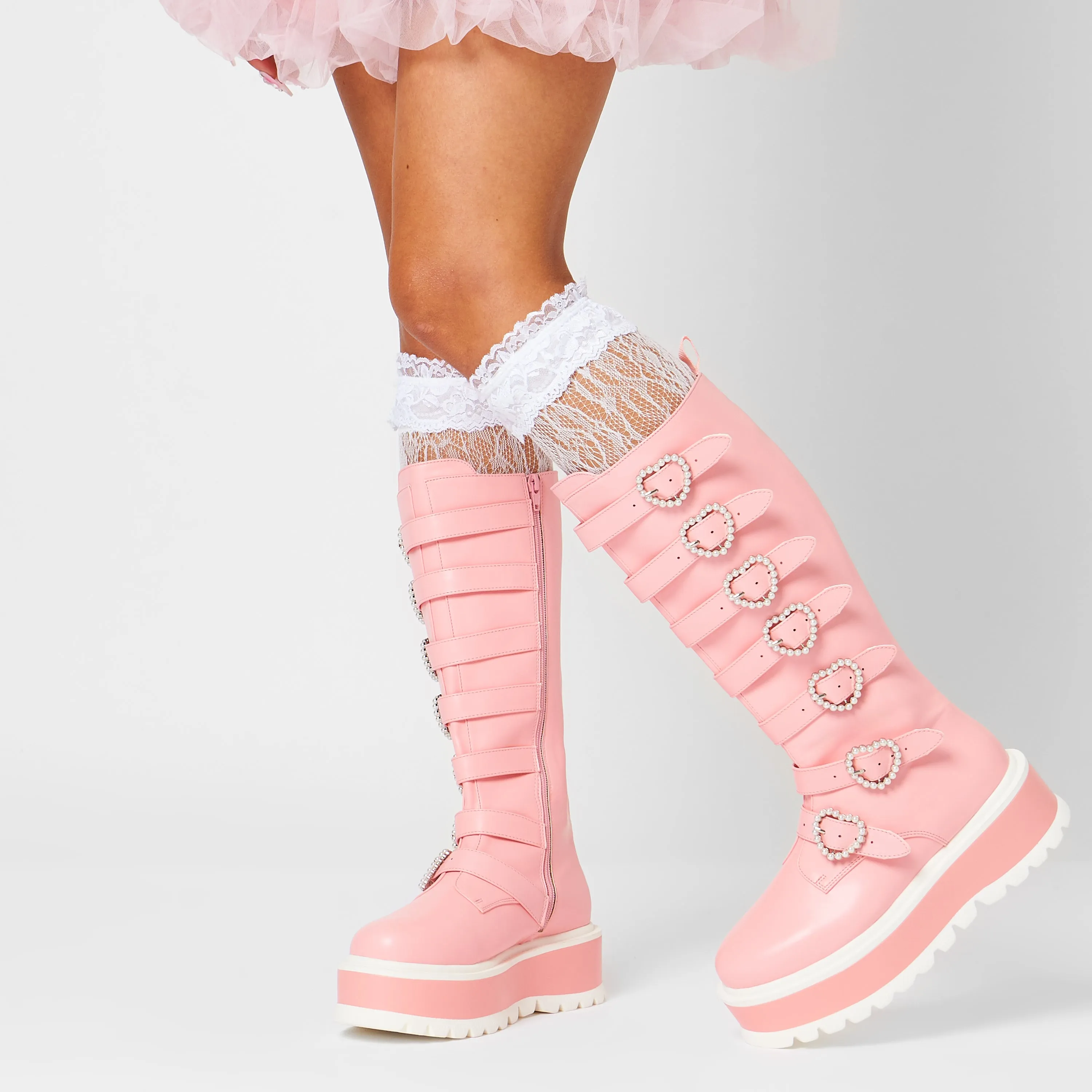 Mizuhiki Kawaii Long Pearl Buckle Boots - Pink