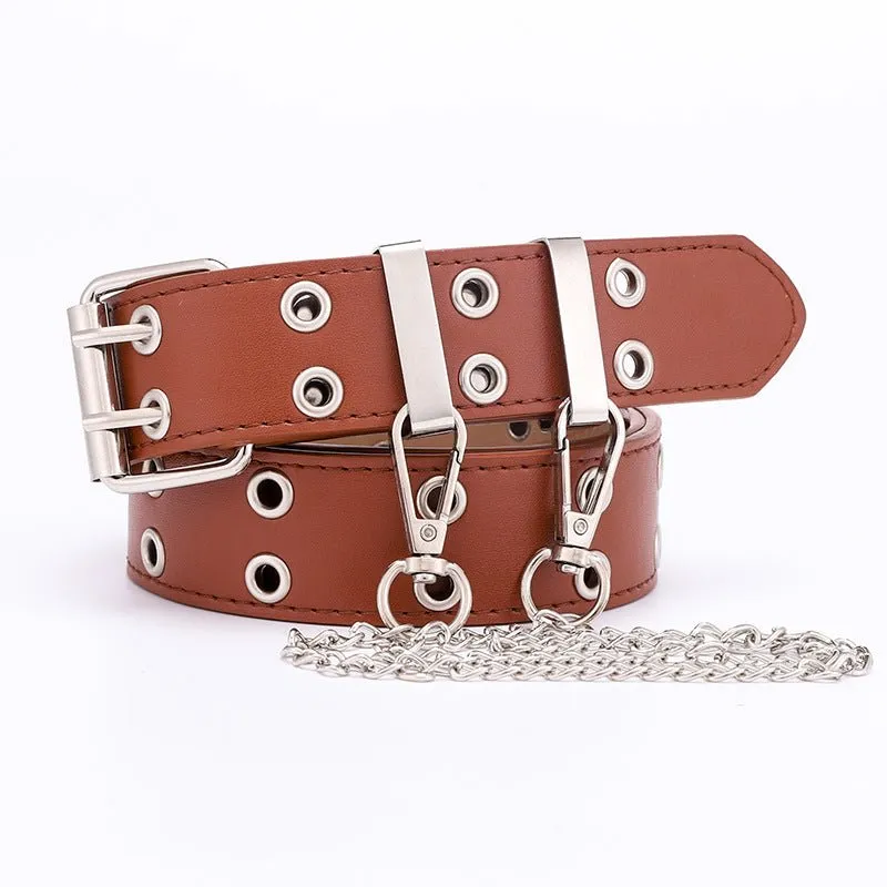 New punk wind double exhaust eye PU belt ladies Korean jeans fashion chain decoration wide belts