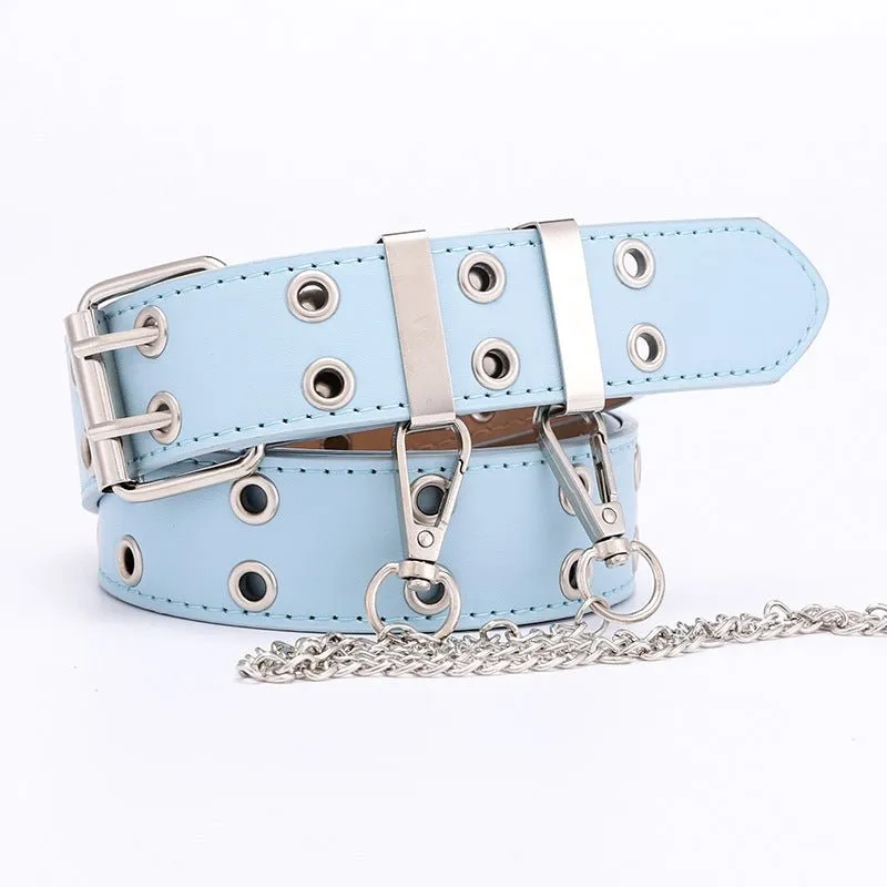 New punk wind double exhaust eye PU belt ladies Korean jeans fashion chain decoration wide belts