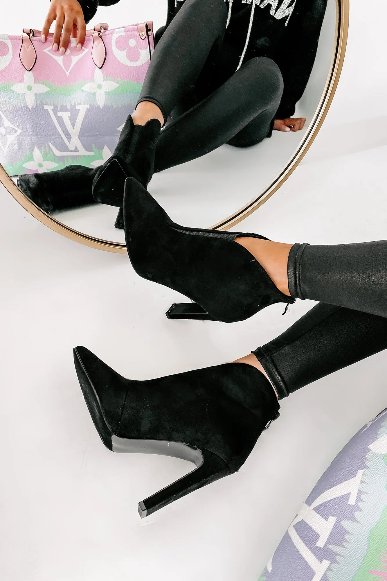 "Matinee Sparkle" Pointed Toe Glitter Panel Booties (Black)