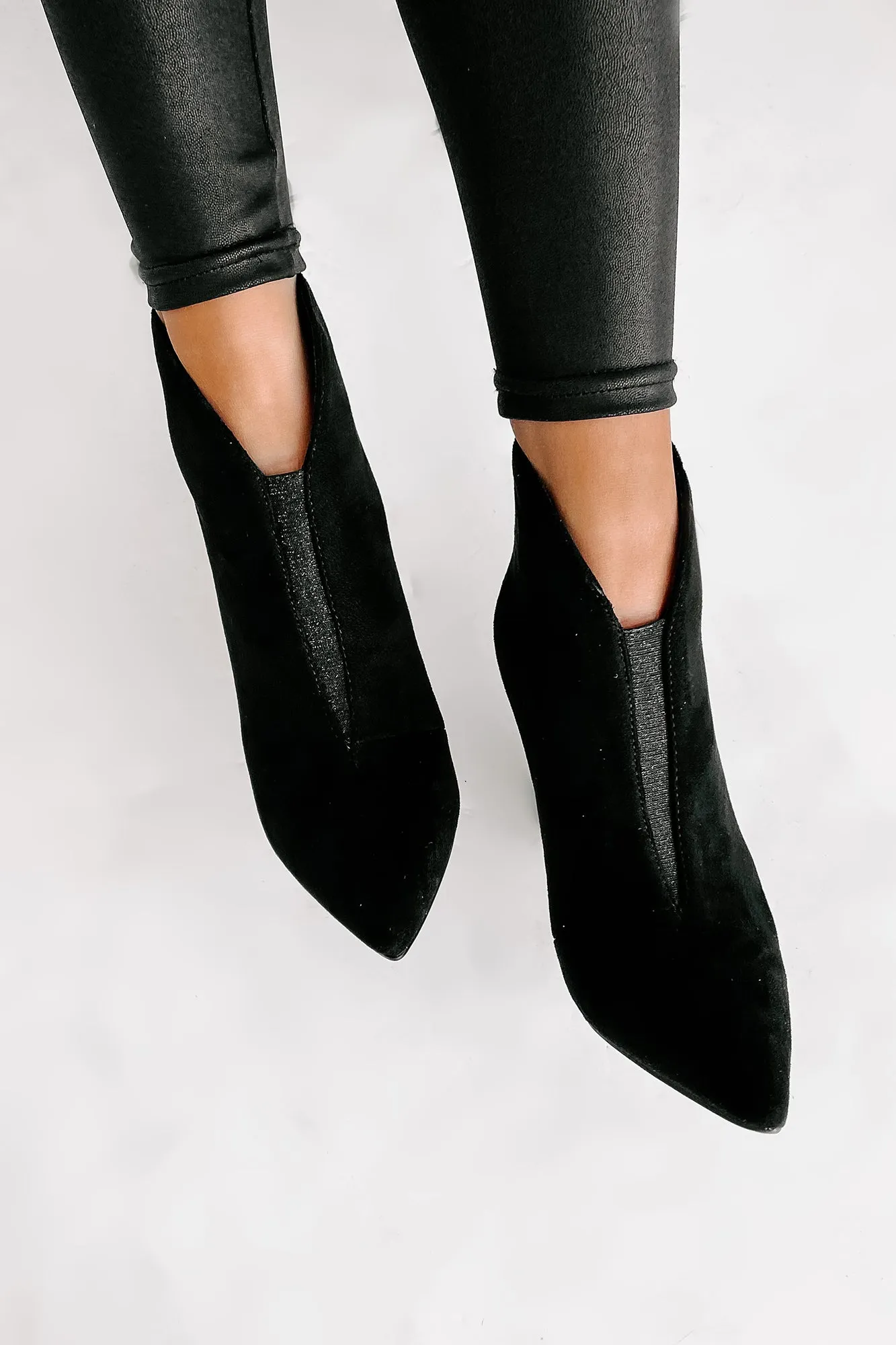 "Matinee Sparkle" Pointed Toe Glitter Panel Booties (Black)