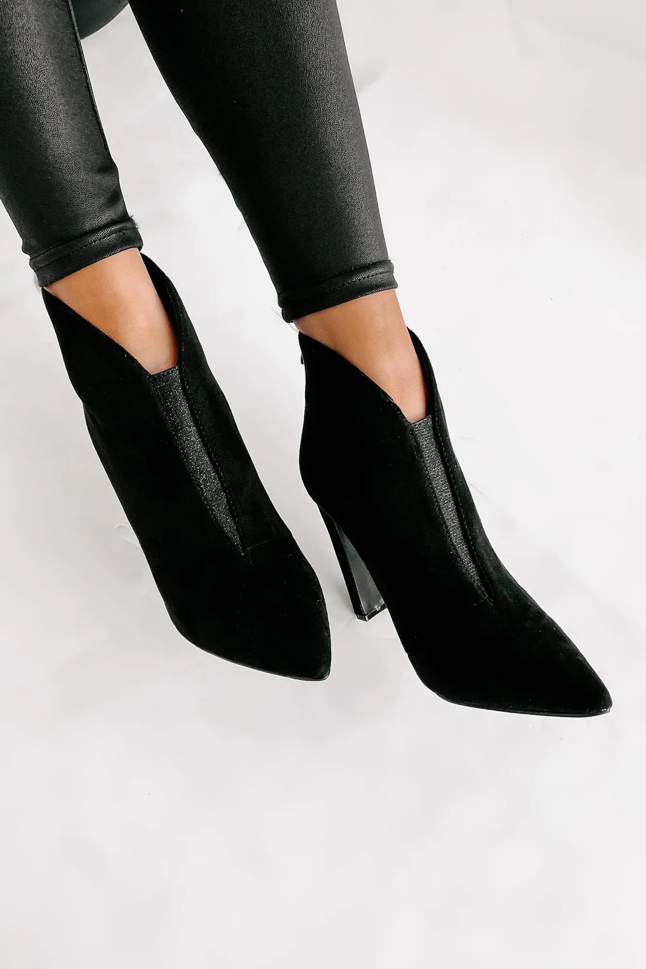 "Matinee Sparkle" Pointed Toe Glitter Panel Booties (Black)