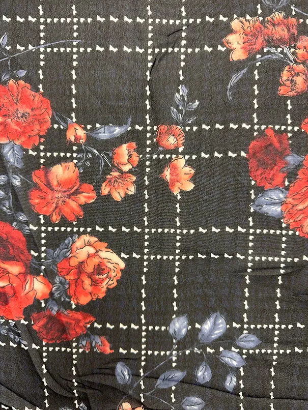 Red Floral Plaid Print Poly Chiffon Fabric