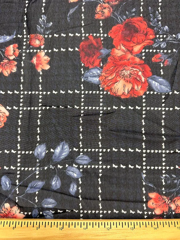 Red Floral Plaid Print Poly Chiffon Fabric