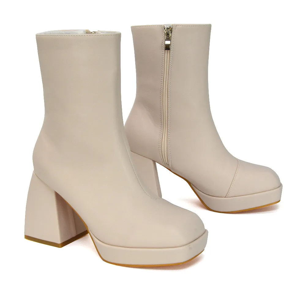 Sylvie Chunky Heel Ankle Boots With Square Toe Platform Booties In White Synthetic Leather