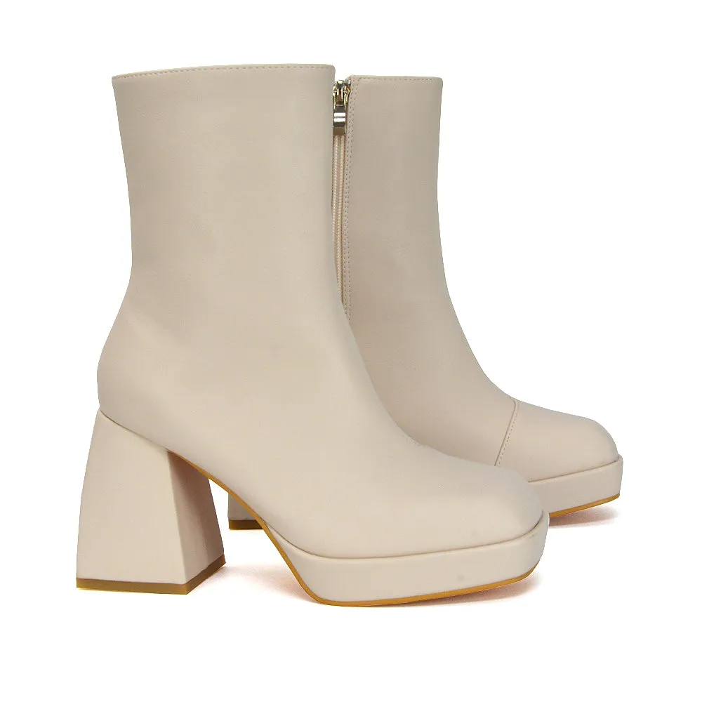 Sylvie Chunky Heel Ankle Boots With Square Toe Platform Booties In White Synthetic Leather