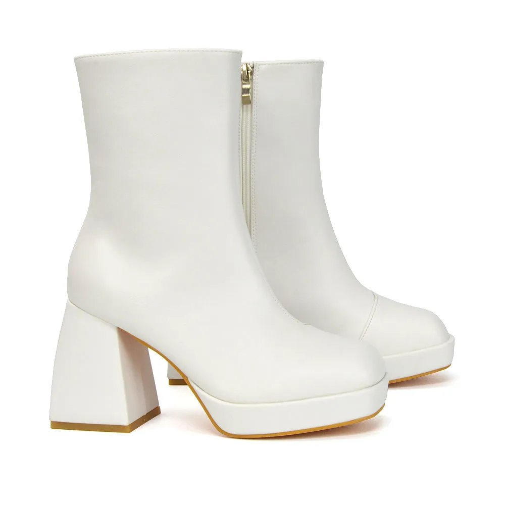 Sylvie Chunky Heel Ankle Boots With Square Toe Platform Booties In White Synthetic Leather