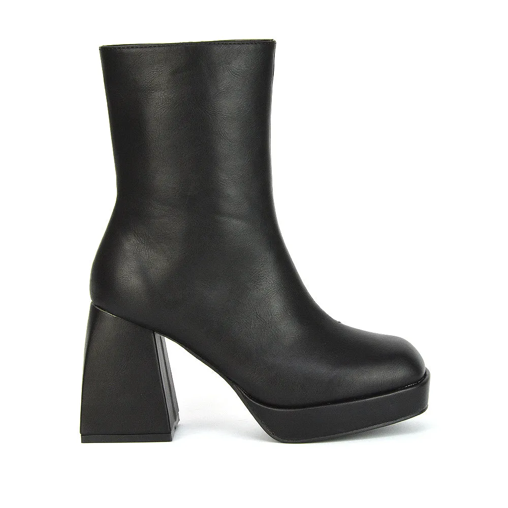 Sylvie Chunky Heel Ankle Boots With Square Toe Platform Booties In White Synthetic Leather