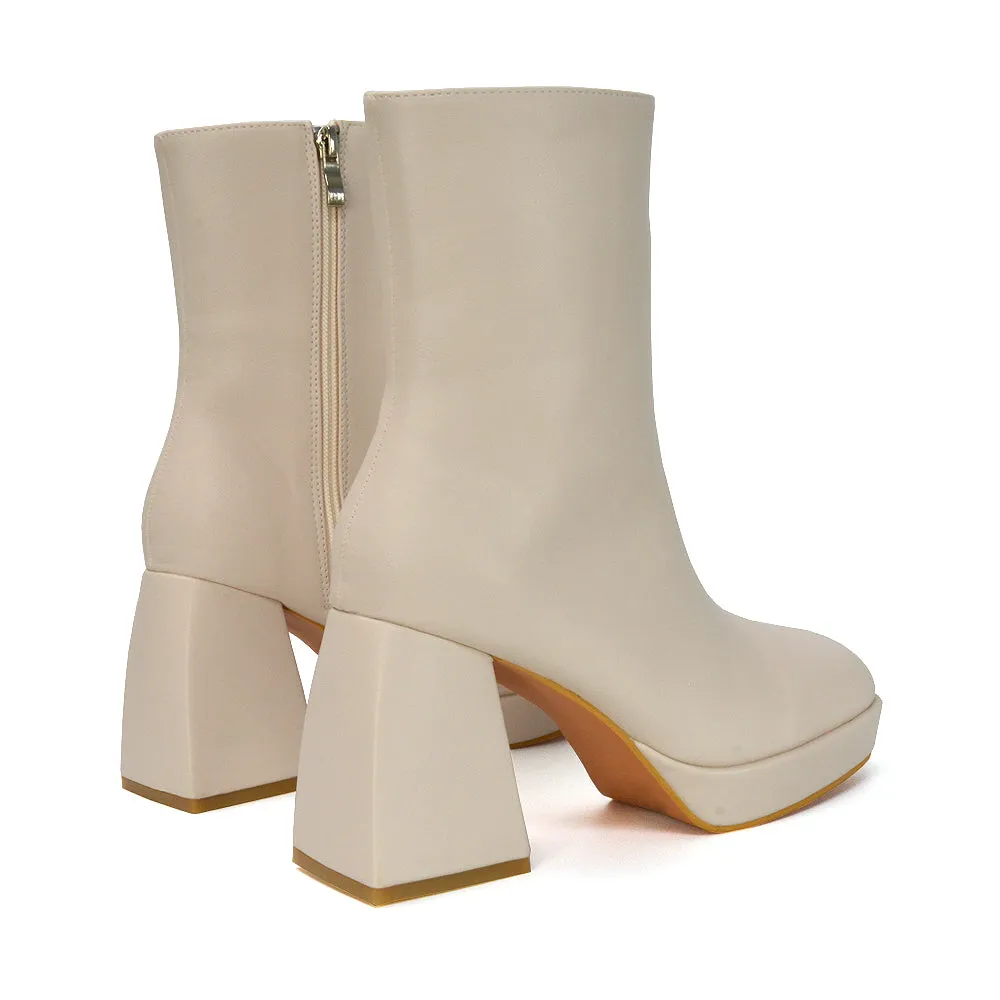 Sylvie Chunky Heel Ankle Boots With Square Toe Platform Booties In White Synthetic Leather