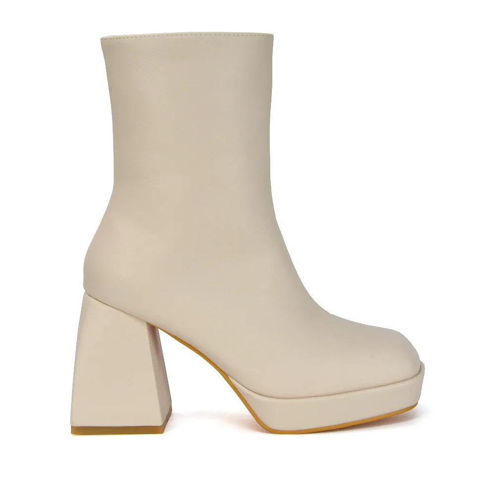 Sylvie Chunky Heel Ankle Boots With Square Toe Platform Booties In White Synthetic Leather