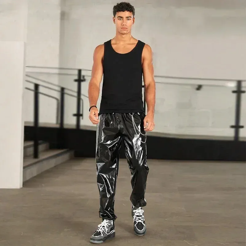 Trend4us Men's Shiny Faux Latex Leather Lantern Pants