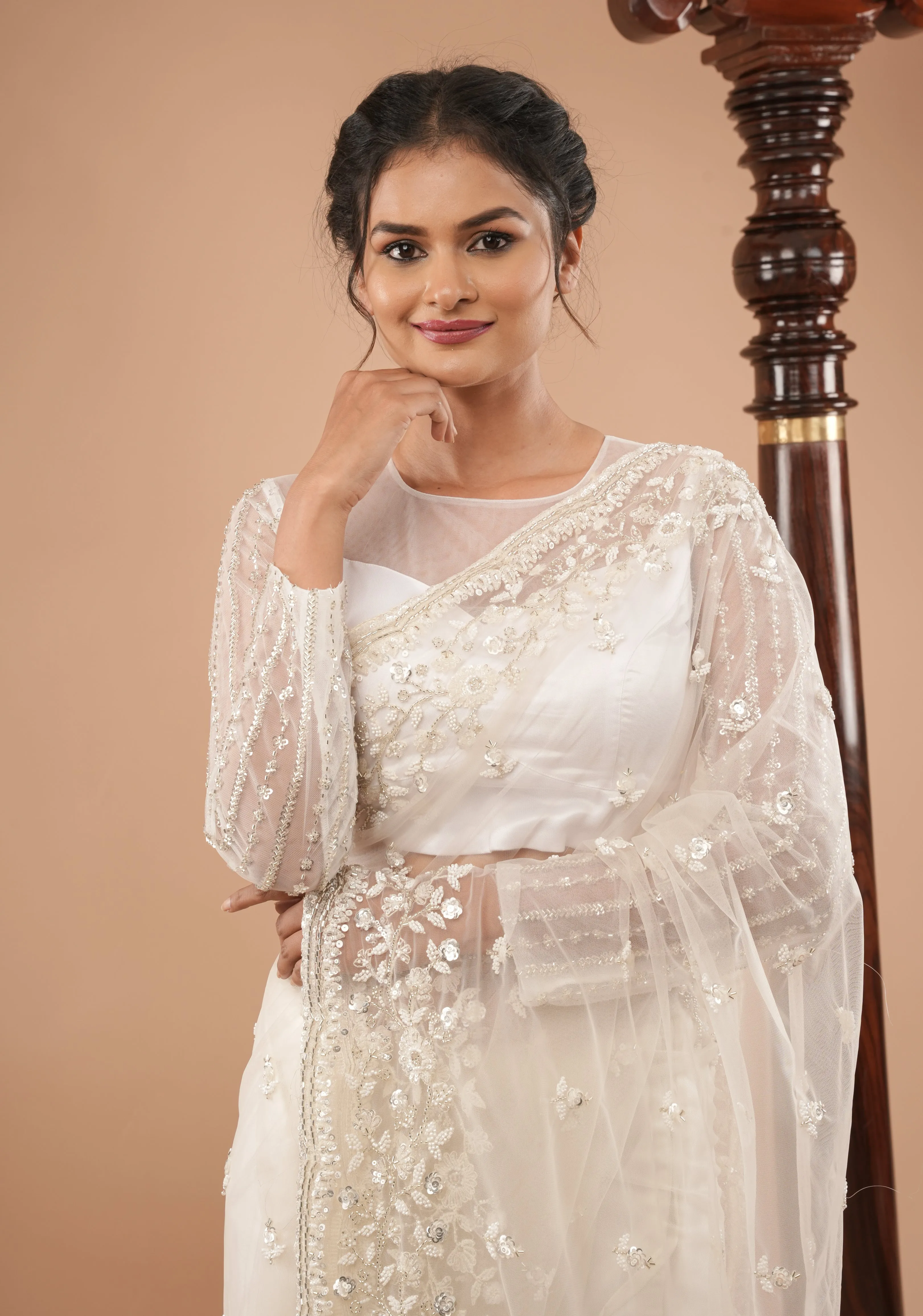 White net sheer yoke blouse with cutdana sleeves