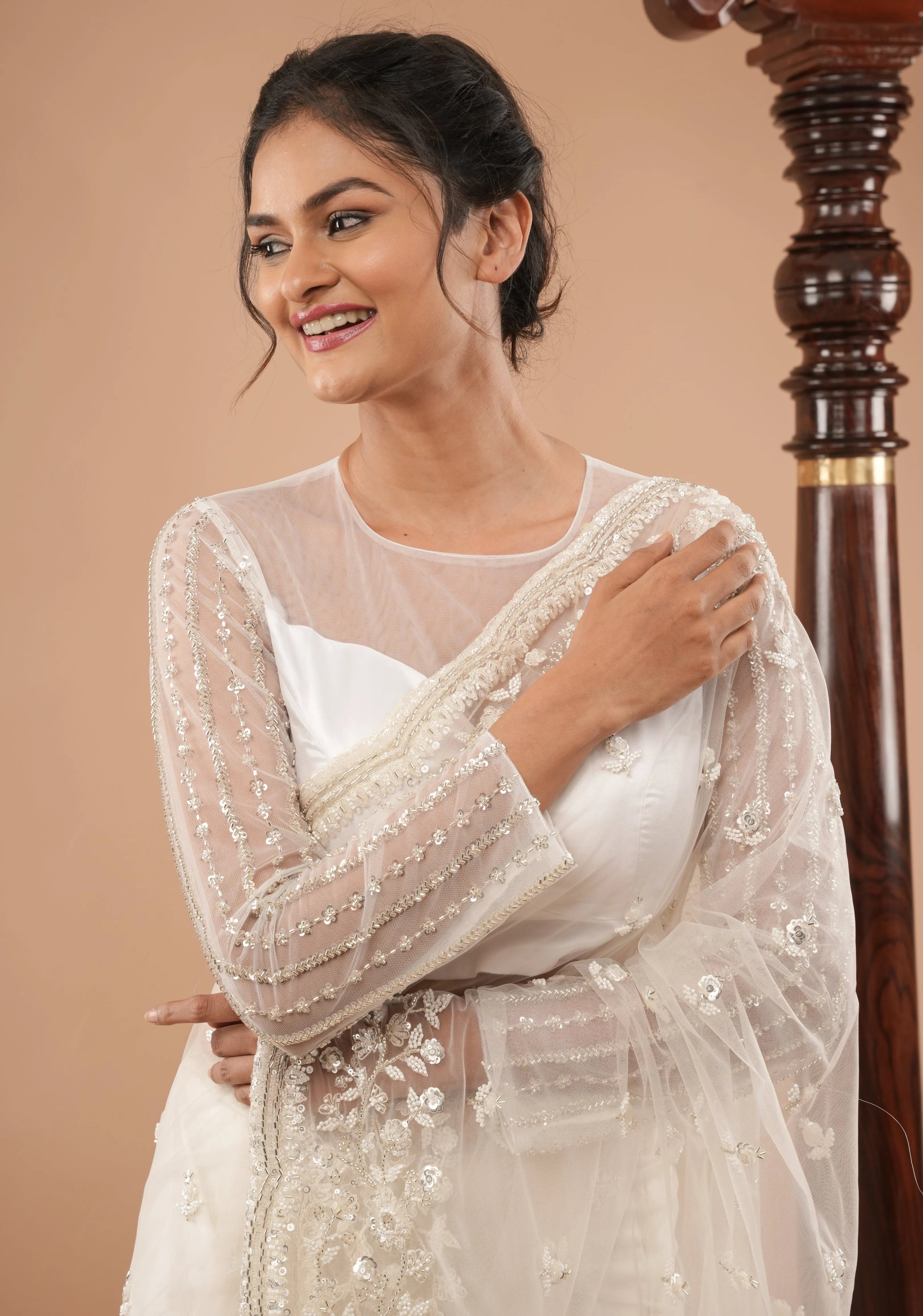 White net sheer yoke blouse with cutdana sleeves