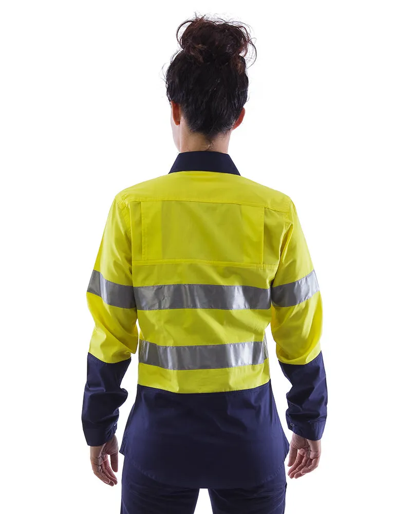 Womens L/S Hi Vis Lightweight Taped Cotton Shirt (3 Pack) - Yellow/Navy